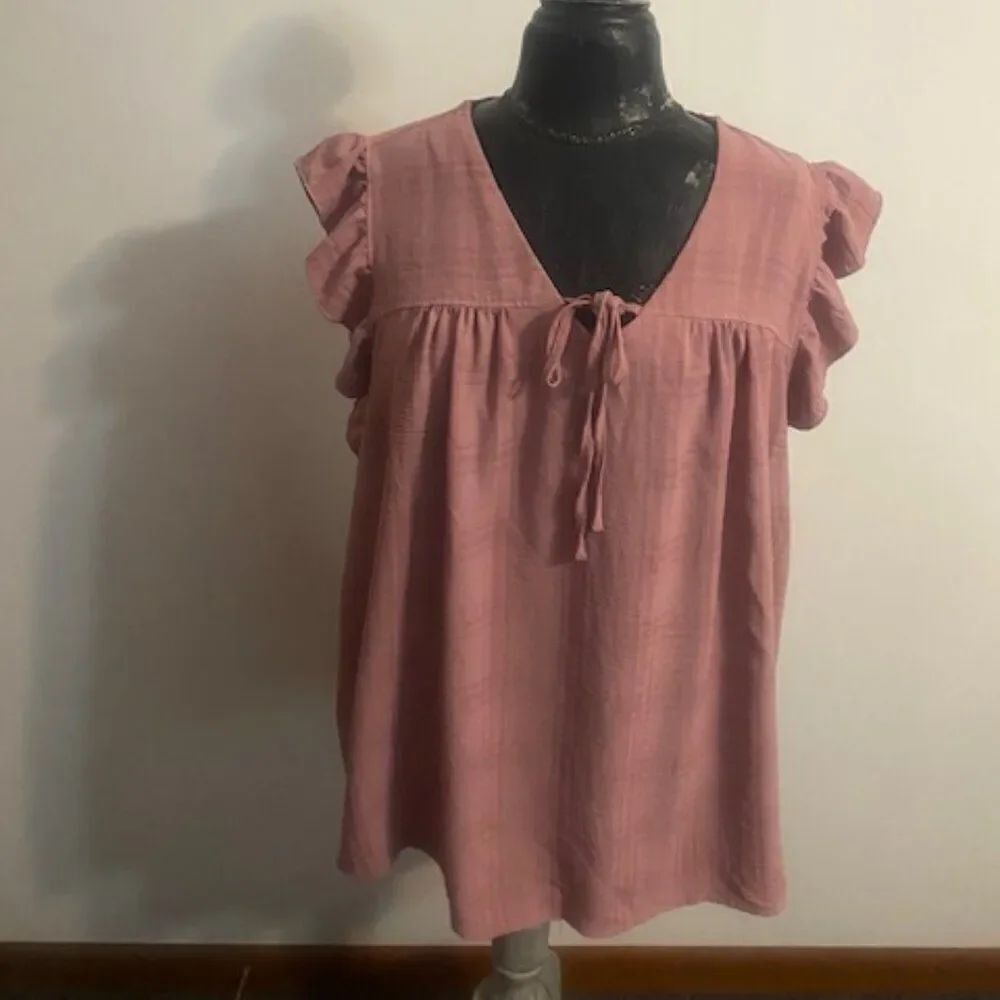 Fred David Mauve stripe V-neck, tie front top, size 2X